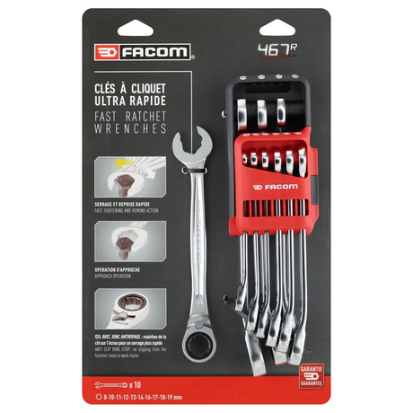 Set Chiavi Combinate a Cricchetto Facom 467BR 10 Pezzi